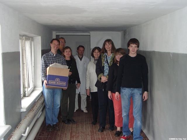 Going from one building to another, there are long 'cat walks'.  We are quite a group!
