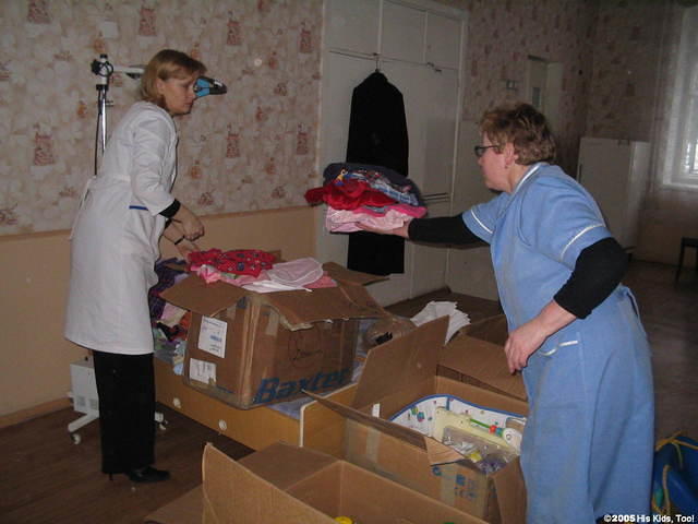 Workers sort through all the donations.