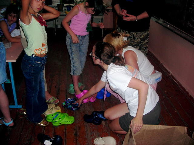 Nancy and Tonya fit Lynn's class for Crocs.