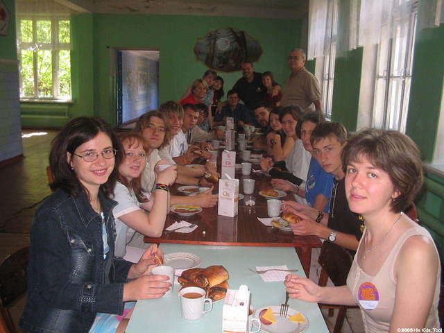 Team members have their morning meal.