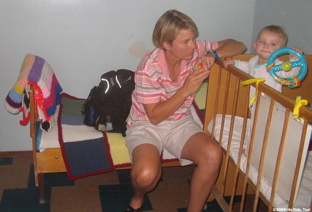 With Frieda's blankets in the background, Karen warms up to this little boy.