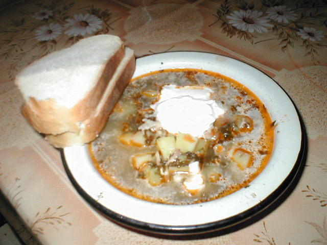 The infamous borsht, served many times with a spoonful of sourcream.  Delicious!