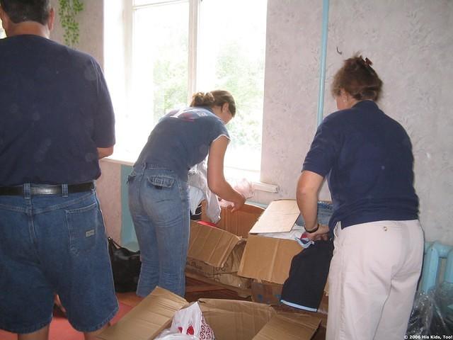 Setting up for clothing distribution.  We are glad that we had 9 sets of hands.
