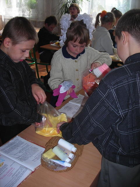 Kids were given personal care bags...