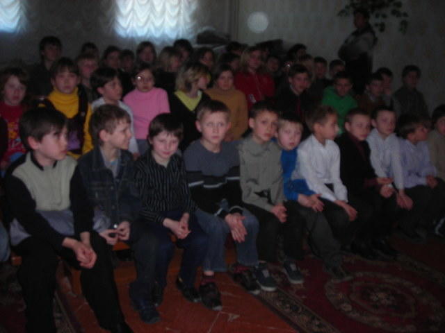 At the internot in Shaktursk 75+ children wait patiently for their gifts of clothing...