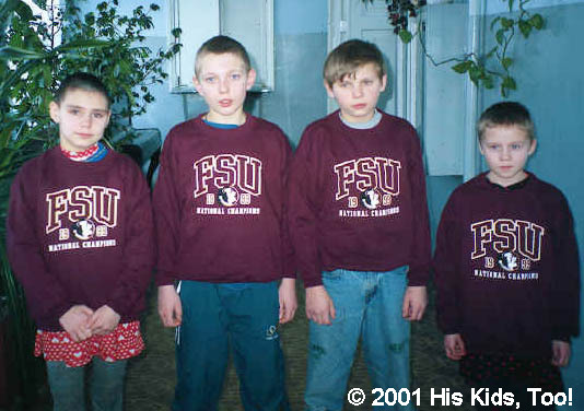 These children show off their new FSU sweatshirts! Thanks FSU-Go Seminoles!