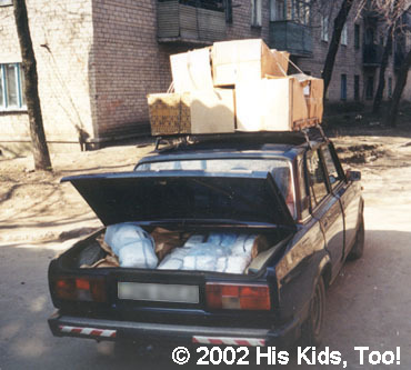 The car loaded with 140 shoes, 200 sheets and 200 pillowcases.