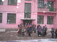 There was a wonderful 'send off', as all the children came out to say good-bye, even in the blowing snow!