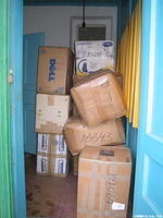 Just a few of the over 30 boxes we had to sort, all in one day!