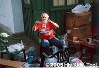 Karen B. puts together toiletry bags for teens. Summer 2005 in Ukraine.