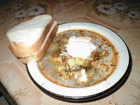 The infamous borsht, served many times with a spoonful of sourcream.  Delicious!