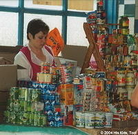 Typical can goods.  As you can see, there is juice, 'mayo', canned peas, tea, sour cream (in the front white containers), butter