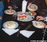 You may eat at local restaurant, above is 'pizza' and salad (tomatoes, and cucumbers with 'mayo'), coke (no ice).