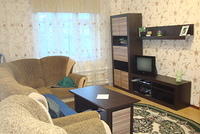 Curtains, blinds, sofa, T.V. cabinet, table, area rug