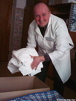 Head of the local mental hospital, Victor Samiolyva is very happy with the 65 sheets and 30 pr. of socks for their patients.