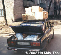 The car loaded with 140 shoes, 200 sheets and 200 pillowcases.